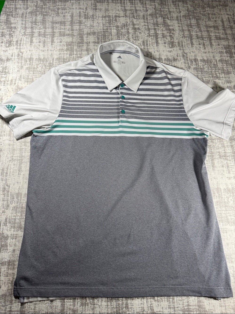 adidas Men’s Gray & White Golf Polo with Teal Stripe Accents XL 31.5X23.5 PTP